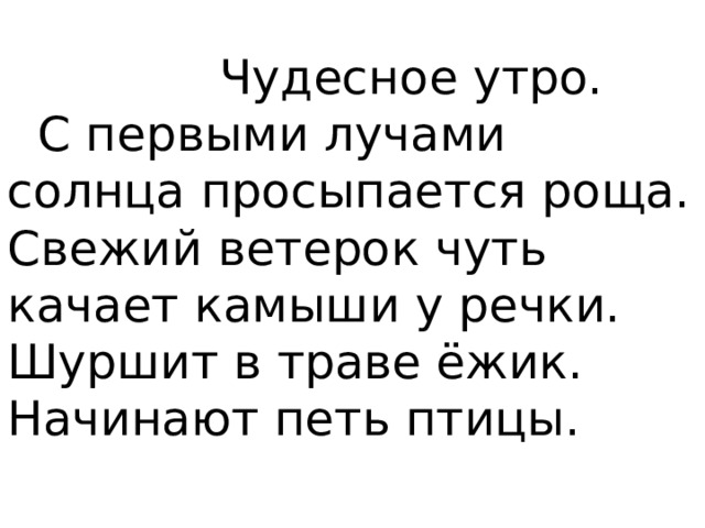  Чудесное утро.    С первыми лучами солнца просыпается роща. Свежий ветерок чуть качает камыши у речки. Шуршит в траве ёжик. Начинают петь птицы.   
