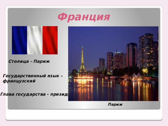 Франция Столица - Париж Государственный язык – французский Глава государства - президент Париж 