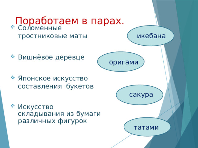 Поработаем в парах.   икебана Соломенные тростниковые маты Вишнёвое деревце Японское искусство составления букетов Искусство складывания из бумаги различных фигурок оригами сакура татами 