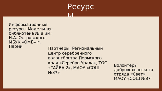 Ресурсы Информационные ресурсы Модельная библиотека № 8 им. Н.А. Островского  МБУК «ОМБ» г. Перми Партнеры: Региональный центр серебренного волонтёрства Пермского края «Серебро Урала», ТОС «ГАЙВА 2», МАОУ «СОШ №37» Волонтеры добровольческого отряда «Свет» МАОУ «СОШ №37 