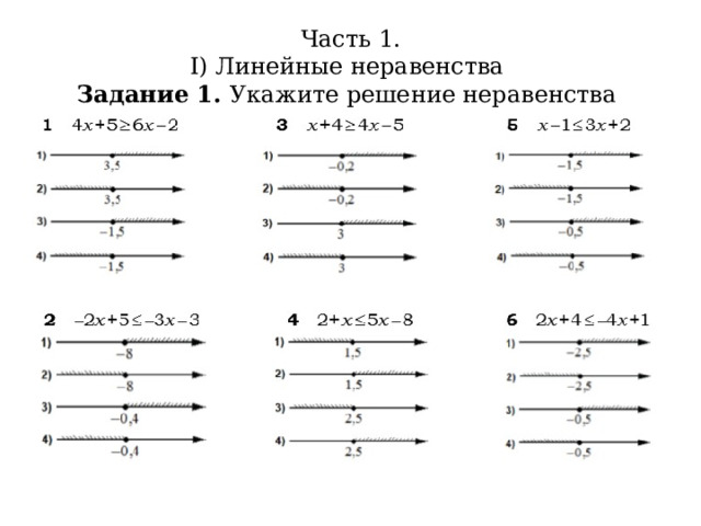 Часть 1.  I) Линейные неравенства  Задание 1. Укажите решение неравенства 