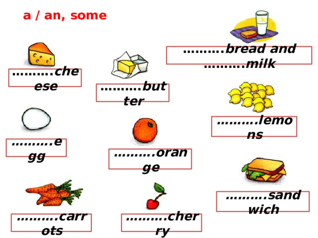 a / an, some ……… . bread and ………. milk ……… . cheese ……… . butter ……… .lemons ……… .egg ……… .orange ……… .sandwich ……… .carrots ……… .cherry 