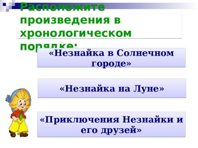 Расположите произведения в хронологическом порядке: «Незнайка в Солнечном городе» «Незнайка на Луне» «Приключения Незнайки и его друзей» 