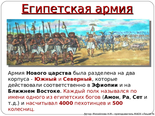 Египетская армия Армия Нового царства была разделена на два корпуса - Южный и Северный , которые действовали соответственно в Эфиопии и на Ближнем Востоке . Каждый полк назывался по имени одного из египетских богов ( Амон , Ра , Сет и т.д.) и насчитывал 4000 пехотинцев и 500 колесниц. Автор: Михайлова Н.М.- преподаватель МАОУ «Лицей № 21» 