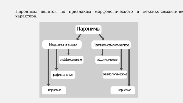 Паронимы делятся по признакам морфологического и лексико-семантического характера. 