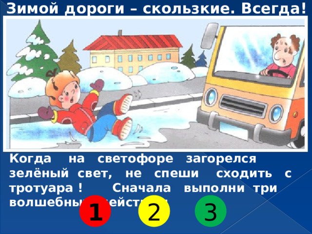 Зимой дороги – скользкие. Всегда! Когда на светофоре загорелся зелёный свет, не спеши сходить с тротуара ! Сначала выполни три волшебных действия: 1 2 3 
