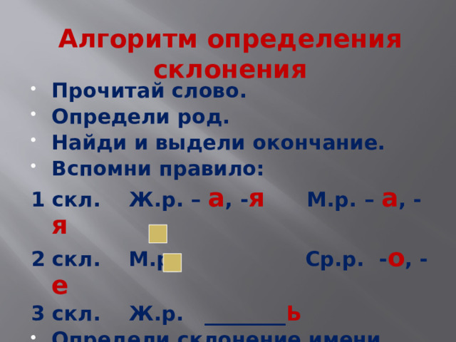Алгоритм определения склонения Прочитай слово. Определи род. Найди и выдели окончание. Вспомни правило: 1 скл. Ж.р. – а , - я М.р. – а , - я 2 скл. М.р Ср.р. - о , - е 3 скл. Ж.р. ________ Ь  Определи склонение имени существительного  