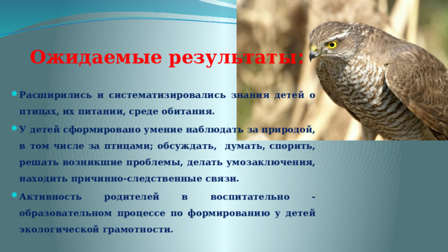 Ожидаемые результаты : Расширились и систематизировались знания детей о птицах, их питании, среде обитания. У детей сформировано умение наблюдать за природой, в том числе за птицами; обсуждать, думать, спорить, решать возникшие проблемы, делать умозаключения, находить причинно-следственные связи. Активность родителей в воспитательно - образовательном процессе по формированию у детей экологической грамотности. 