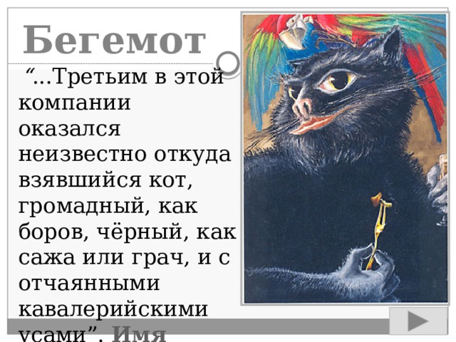 Бегемот  “ ...Третьим в этой компании оказался неизвестно откуда взявшийся кот, громадный, как боров, чёрный, как сажа или грач, и с отчаянными кавалерийскими усами”. Имя кота?  