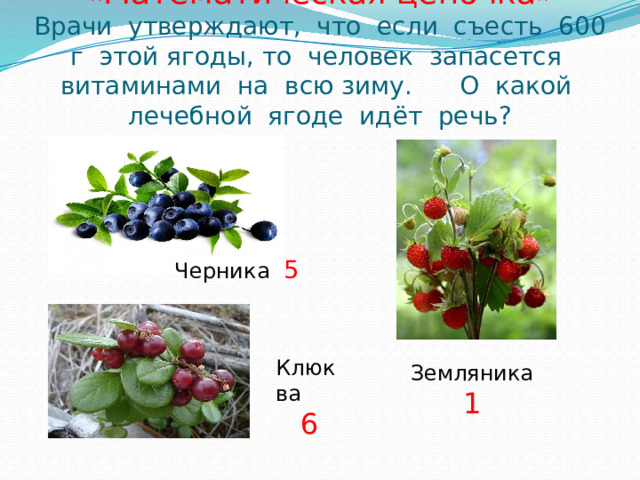   «Математическая цепочка»  Врачи утверждают, что если съесть 600 г этой ягоды, то человек запасется витаминами на всю зиму. О какой лечебной ягоде идёт речь? Черника 5 Клюква 6 Земляника 1 