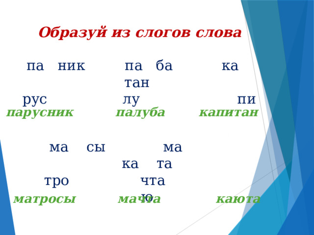 Образуй из слогов слова  па ник па ба ка тан рус лу пи  парусник палуба капитан ма сы ма ка та тро чта ю  матросы мачта каюта 