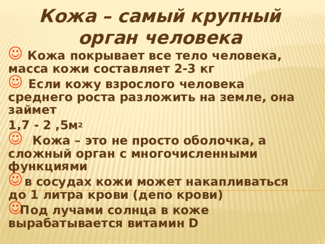 Кожа – самый крупный орган человека  Кожа покрывает все тело человека, масса кожи составляет 2-3 кг  Если кожу взрослого человека среднего роста разложить на земле, она займет 1,7 - 2 ,5м 2  Кожа – это не просто оболочка, а сложный орган с многочисленными функциями  в сосудах кожи может накапливаться до 1 литра крови (депо крови) Под лучами солнца в коже вырабатывается витамин D  