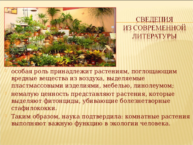 особая роль принадлежит растениям, поглощающим вредные вещества из воздуха, выделяемые пластмассовыми изделиями, мебелью, линолеумом; немалую ценность представляют растения, которые выделяют фитонциды, убивающие болезнетворные стафилококки. Таким образом, наука подтвердила: комнатные растения выполняют важную функцию в экологии человека.  