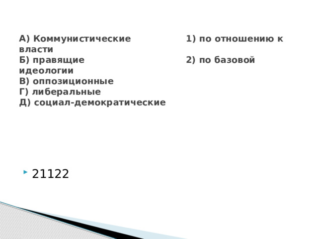 A) Коммунистические   1) по отношению к власти  Б) правящие 2) по базовой идеологии  B) оппозиционные  Г) либеральные  Д) социал-демократические     21122 