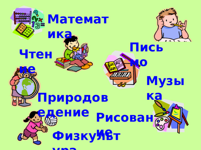 Математика Письмо Чтение Музыка Природоведение Рисование Физкультура 