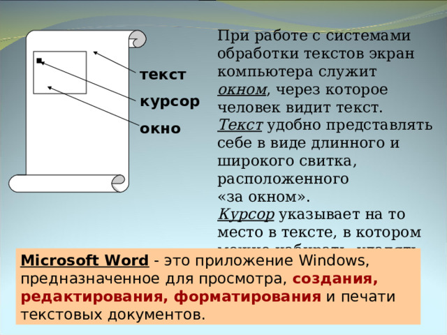 При работе с системами обработки текстов экран компьютера служит окном , через которое человек видит текст. Текст удобно представлять себе в виде длинного и широкого свитка, расположенного  «за окном». Курсор указывает на то место в тексте, в котором можно набирать, удалять или изменять символы. текст курсор окно Microsoft Word - это приложение Windows , предназначенное для просмотра, создания, редактирования, форматирования и печати текстовых документов. 