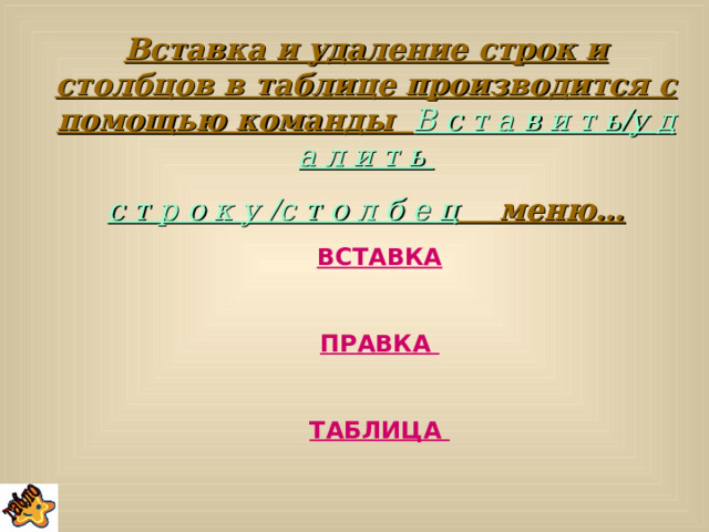 Вставка и удаление строк и столбцов в таблице производится с помощью команды В с т а в и т ь/у д а л и т ь с т р о к у /с т о л б е ц меню… ВСТАВКА  ПРАВКА  ТАБЛИЦА   