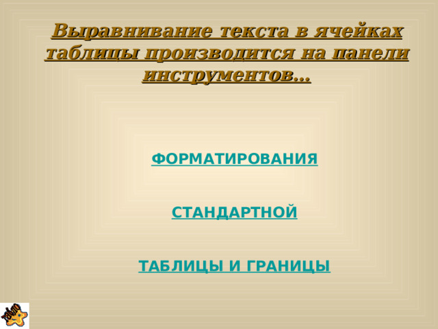 Выравнивание текста в ячейках таблицы производится на панели инструментов… ФОРМАТИРОВАНИЯ  СТАНДАРТНОЙ  ТАБЛИЦЫ И ГРАНИЦЫ   