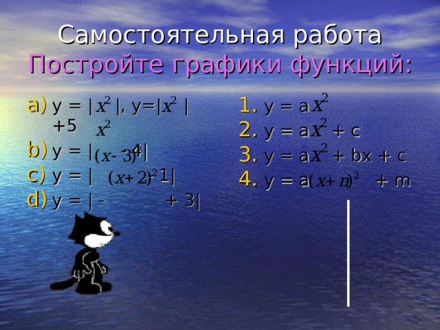Самостоятельная работа  Постройте графики функций: y = | |, y=| |+5 y = | - 4| y = | - 1| y = | - + 3| y = a y = a + c y = a + bx + c y = a + m  