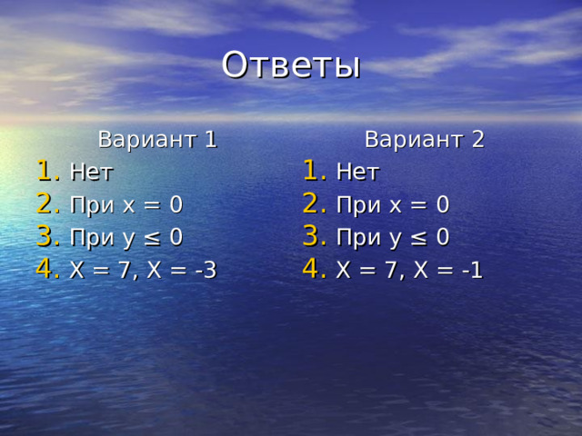 Ответы Вариант 1 Вариант 2 Нет При x = 0 При y ≤ 0 X = 7, X = -3 Нет При x = 0 При y ≤ 0 X = 7, X = -1  