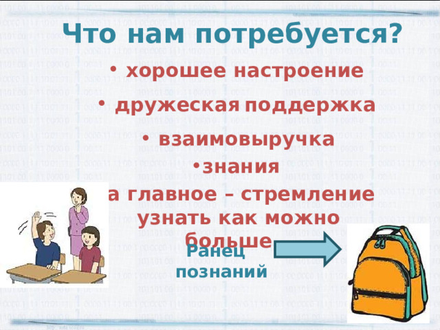 Что нам потребуется?  хорошее настроение   дружеская  поддержка  взаимовыручка знания  а главное – стремление  узнать как можно больше Ранец  познаний 