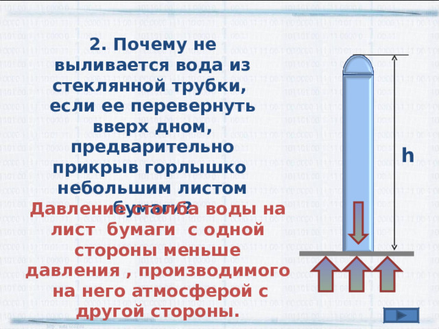 2. Почему не выливается вода из стеклянной трубки, если ее перевернуть вверх дном, предварительно прикрыв горлышко небольшим листом бумаги? h Давление столба воды на лист бумаги с одной стороны меньше давления , производимого на него атмосферой с другой стороны. 