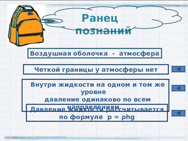 Ранец познаний Воздушная оболочка - атмосфера  Четкой границы у атмосферы нет  Внутри жидкости на одном и том же уровне  давление одинаково по всем направлениям Давление жидкости рассчитывается по формуле p = ρ hg 