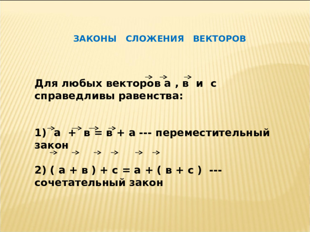 ЗАКОНЫ СЛОЖЕНИЯ ВЕКТОРОВ Для любых векторов а , в и с справедливы равенства:   1) а + в = в + а --- переместительный закон  2) ( а + в ) + с = а + ( в + с ) --- сочетательный закон 