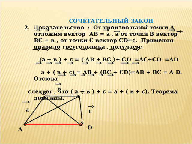  СОЧЕТАТЕЛЬНЫЙ ЗАКОН 2. Доказательство : От произвольной точки А отложим вектор АВ = а , а от точки В вектор ВС = в , от точки С вектор С D =с. Применяя правило треугольника , получаем:   (а + в ) + с = ( АВ + ВС )+ С D  = А C +С D =А D    а + ( в + с) = АВ + (ВС + С D)= АВ + ВС = А D . Отсюда   следует , что ( а + в ) + с = а + ( в + с). Теорема доказана.  в В С а с . D А 