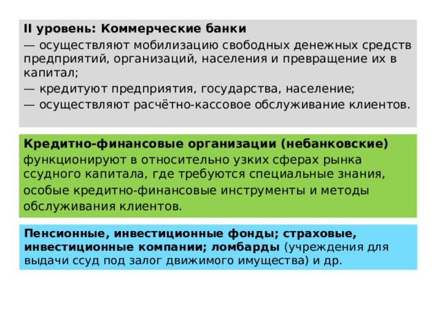 II уровень: Коммерческие банки — осуществляют мобилизацию свободных денежных средств предприятий, организаций, населения и превращение их в капитал; — кредитуют предприятия, государства, население; — осуществляют расчётно-кассовое обслуживание клиентов. Кредитно-финансовые организации (небанковские) функционируют в относительно узких сферах рынка ссудного капитала, где требуются специальные знания, особые кредитно-финансовые инструменты и методы обслуживания клиентов. Пенсионные, инвестиционные фонды; страховые, инвестиционные компании; ломбарды (учреждения для выдачи ссуд под залог движимого имущества) и др. 