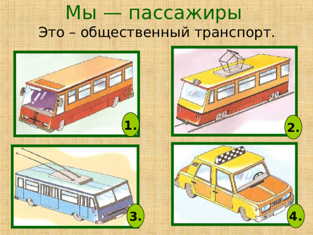 Мы — пассажиры  Это – общественный транспорт. 1. 2. 3. 4. 