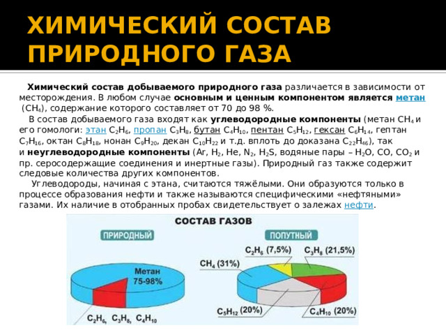 ХИМИЧЕСКИЙ СОСТАВ ПРИРОДНОГО ГАЗА  Химический состав добываемого природного газа  различается в зависимости от месторождения. В любом случае  основным и ценным компонентом является  метан  (СН 4 ), содержание которого составляет от 70 до 98 %.  В состав добываемого газа входят как  углеводородные компоненты  (метан СН 4  и его гомологи:  этан  С 2 Н 6 ,  пропан  С 3 Н 8 ,  бутан  С 4 Н 10 ,  пентан  С 5 Н 12 ,  гексан  С 6 Н 14 , гептан С 7 Н 16 , октан С 8 Н 18 , нонан С 9 Н 20 , декан С 10 Н 22  и т.д. вплоть до доказана С 22 Н 46 ), так и  неуглеводородные компоненты  (Ar, H 2 , He, N 2 , H 2 S, водяные пары – H 2 O, CO, CO 2  и пр. серосодержащие соединения и инертные газы). Природный газ также содержит следовые количества других компонентов.  Углеводороды, начиная с этана, считаются тяжёлыми. Они образуются только в процессе образования нефти и также называются специфическими «нефтяными» газами. Их наличие в отобранных пробах свидетельствует о залежах  нефти . 