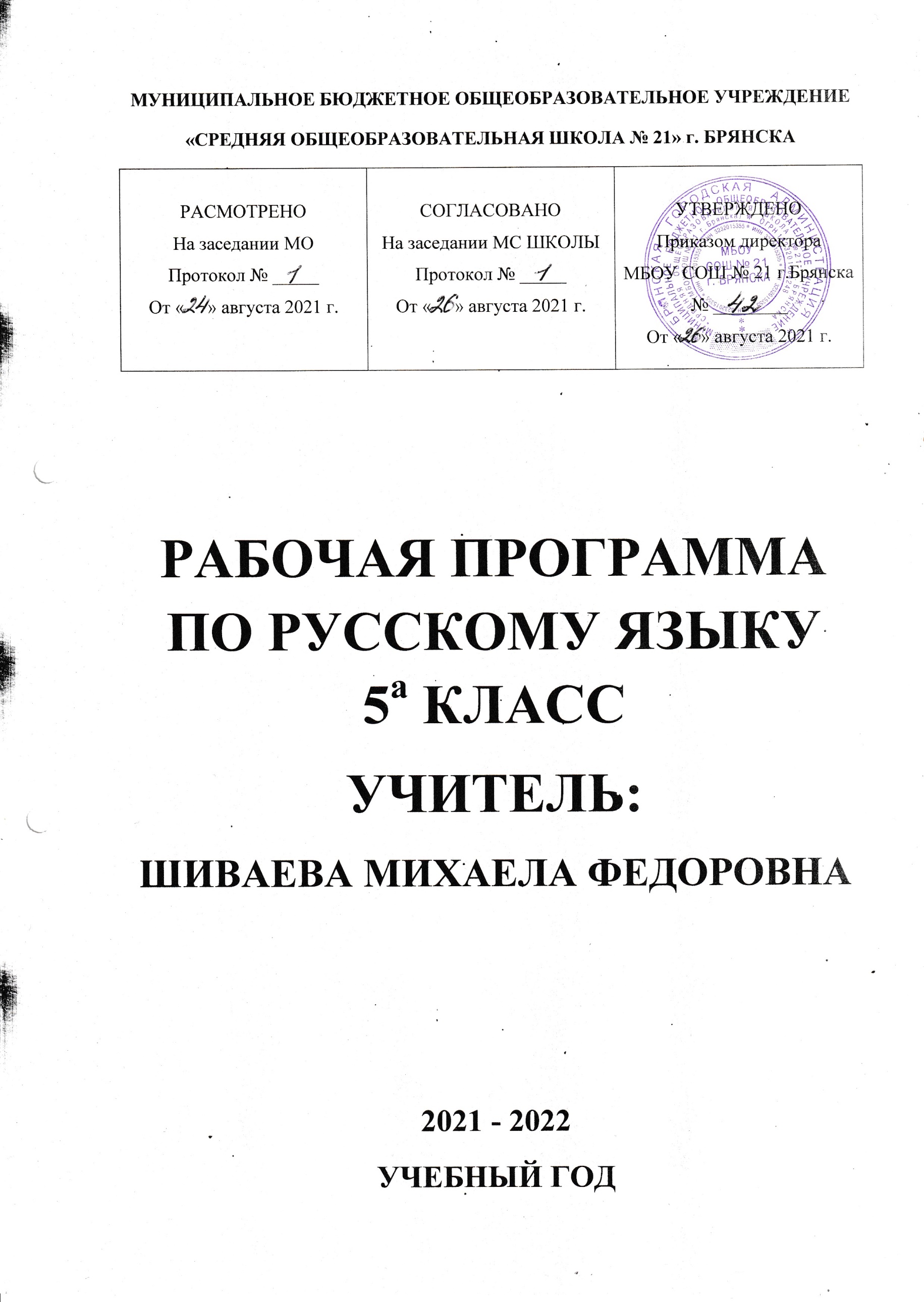 Рабочая программа по русскому языку 5 класс