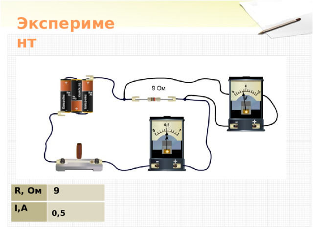 Эксперимент R, Ом I,А  9 0,5 