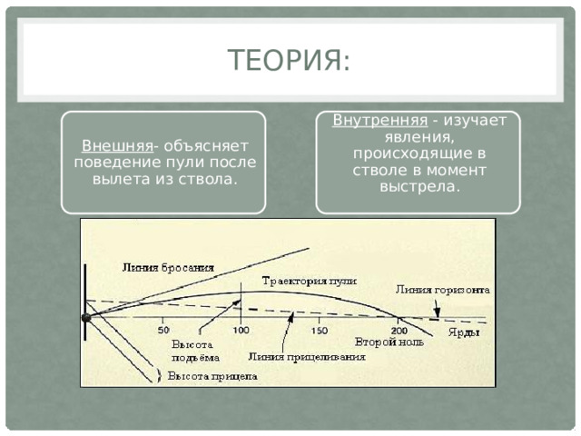 теория: Внешняя - объясняет поведение пули после вылета из ствола. Внутренняя - изучает явления, происходящие в стволе в момент выстрела.   