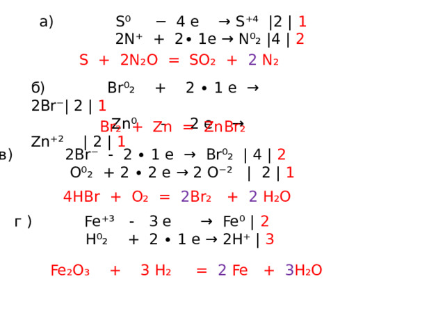  a) S⁰ − 4 e → S⁺⁴ |2 | 1  2N⁺ + 2∙ 1e → N⁰₂ |4 | 2  S + 2N₂O = SO₂ + 2 N₂ б) Br⁰₂ + 2 ∙ 1 e → 2Br⁻| 2 | 1  Zn⁰ - 2 e → Zn⁺² | 2 | 1 Br₂ + Zn = ZnBr₂ в) 2Br⁻ - 2 ∙ 1 e → Br⁰₂ | 4 | 2  O⁰₂ + 2 ∙ 2 e → 2 O⁻² | 2 | 1   4HBr + O₂ = 2 Br₂ + 2 H₂O г ) Fe⁺³ - 3 e → Fe⁰ | 2  H⁰₂ + 2 ∙ 1 e → 2H⁺ | 3 Fe₂O₃ + 3 H₂ = 2 Fe + 3 H₂O 