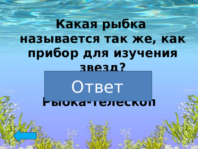   Какая рыбка называется так же, как прибор для изучения звезд?  Рыбка-телескоп   Ответ  