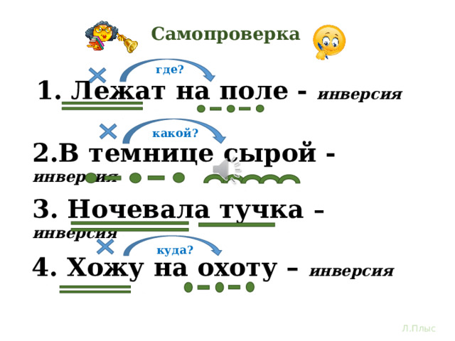 Самопроверка где? 1. Лежат на поле - инверсия какой? 2.В темнице сырой - инверсия 3. Ночевала тучка – инверсия Ты справился с заданием, если в первом и четвертом словосочетаниях обозначил инверсию обстоятельства, во втором – инверсию определения, а в третьем инверсию главных членов предложения – подлежащего и сказуемого. Поздравляю с успехом! куда? 4. Хожу на охоту – инверсия Л.Плыс  