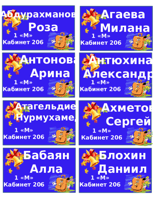 Абдурахманова  Роза Агаева Милана 1 «М» Кабинет 206 1 «М» Кабинет 206                                Антонова Арина Антюхина Александра 1 «М» 1 «М» Кабинет 206 Кабинет 206 Атагельдиев Ахметов Сергей Нурмухамед 1 «М» Кабинет 206 1 «М» Кабинет 206 Бабаян Алла Блохин Даниил 1 «М» Кабинет 206 1 «М» Кабинет 206 