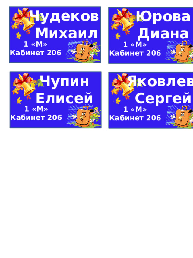 Чудеков  Михаил Юрова Диана 1 «М» Кабинет 206 1 «М» Кабинет 206 Чупин Елисей Яковлев Сергей 1 «М» Кабинет 206 1 «М» Кабинет 206 