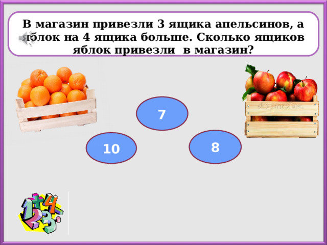Вариант 1 ( уровень 3 )  В магазин привезли 3 ящика апельсинов, а яблок на 4 ящика больше. Сколько ящиков яблок привезли в магазин? 7 8 10 