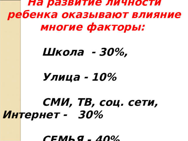 На развитие личности ребенка оказывают влияние многие факторы:  Школа - 30%,  Улица - 10%  СМИ, ТВ, соц. сети, Интернет - 30%  СЕМЬЯ - 40% 