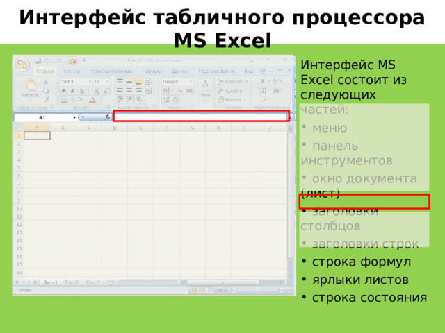 Интерфейс табличного процессора MS Excel Интерфейс MS Excel состоит из следующих частей:  меню  панель инструментов  окно документа (лист)  заголовки столбцов  заголовки строк  строка формул  ярлыки листов  строка состояния   