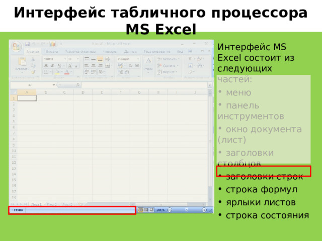 Интерфейс табличного процессора MS Excel Интерфейс MS Excel состоит из следующих частей:  меню  панель инструментов  окно документа (лист)  заголовки столбцов  заголовки строк  строка формул  ярлыки листов  строка состояния   