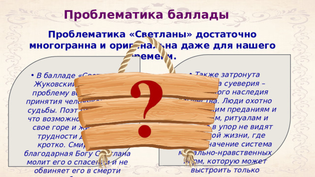 Проблематика баллады Проблематика «Светланы» достаточно многогранна и оригинальна даже для нашего времени. Также затронута проблема суеверия – культурного наследия язычества. Люди охотно верят всяким преданиям и приметам, ритуалам и снам, но в упор не видят реальной жизни, где имеет значение система морально-нравственных норм, которую может выстроить только подлинная религиозность. В балладе «Светлана» Жуковский поднимает проблему восприятия и принятия человеком своей судьбы. Поэт показывает, что возможно преодолеть свое горе и жизненные трудности достойно, кротко. Смиренная и благодарная Богу Светлана молит его о спасении и не обвиняет его в смерти любимого. 