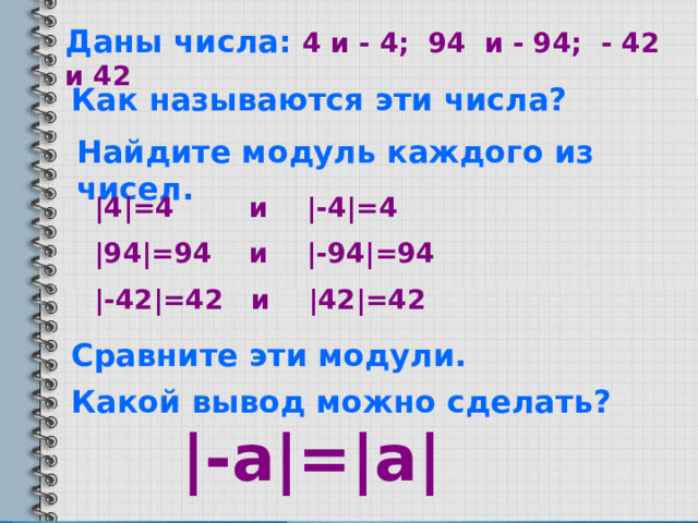 Даны числа: 4 и - 4; 94 и - 94; - 42 и 42 Как называются эти числа? Найдите модуль каждого из чисел. |4|=4 и |-4|=4 |94|=94 и |-94|=94 |-42|=42 и |42|=42 Сравните эти модули. Какой вывод можно сделать? |-а|=|a|   