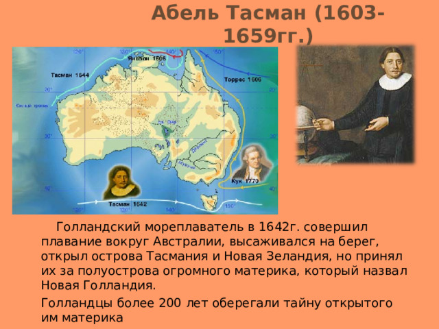 Абель Тасман (1603-1659гг.)  Голландский мореплаватель в 1642г. совершил плавание вокруг Австралии, высаживался на берег, открыл острова Тасмания и Новая Зеландия, но принял их за полуострова огромного материка, который назвал Новая Голландия. Голландцы более 200 лет оберегали тайну открытого им материка 