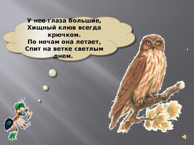  У нее глаза большие,  Хищный клюв всегда крючком.  По ночам она летает,  Спит на ветке светлым днем.   