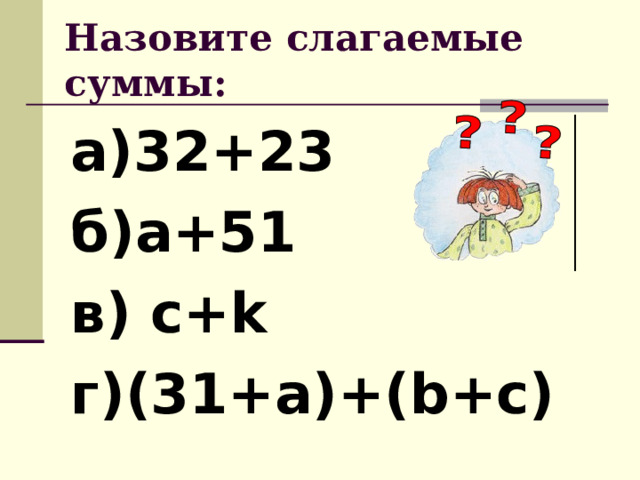 Назовите слагаемые суммы: а)32+23 б)а+51 в) с+ k г)(31+а)+( b + c ) 