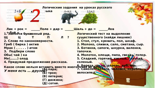 Логические задания на уроках русского языка Лик + рок = ______Поле + дар = ______Шаль + до = ______Лов + буй = ______ Логический тест на выделение существенного (найди лишнее) 1. Закончи буквенный ряд. 1. Стол, стул, кровать, пол, шкаф. Щ Ц Т П Л ? 2. Слово по закономерности. 2. Молоко, сливки, сало, сметана, сыр. Гриб ( бирка ) актив 3. Ботинки, сапоги, шнурки, валенки, тапочки. 4. Молоток, клещи, пила, гвоздь, топор. Мрак ( . . . . . ) атом 3. Подбери слово 5. Сладкий, горячий, кислый, горький, соленый. Обы( чай ) ка 6. Береза, сосна, дерево, дуб, ель. 7. Самолет, телега, человек, корабль, велосипед. Ме(…….) олад 4. Придумай продолжение рассказа. Какое слово нельзя вставить вместо многоточия во фразу: У меня есть … друзей? (А) пара; (Б) трое; (В) пятерня; (Г) дюжина; (Д) сотня. 